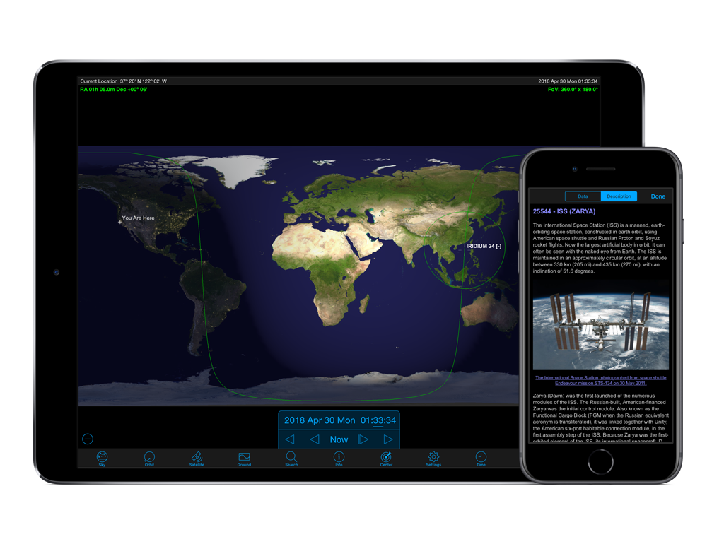 Orbitrack ground track and information views on iPad and iPhone